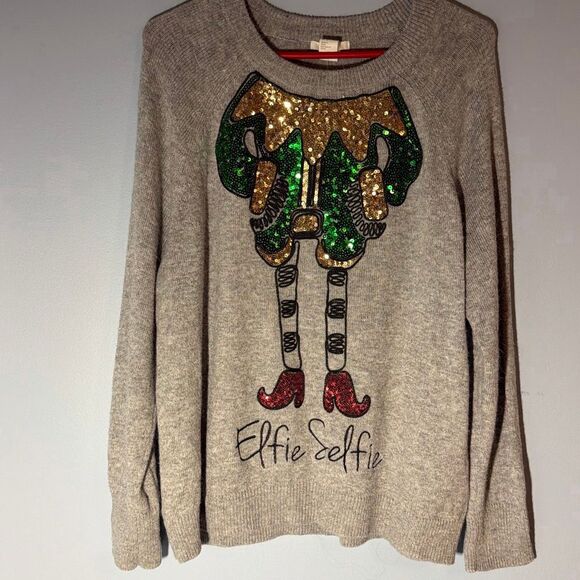 H&M Elfie Selfie Christmas Sweater size Large Grey with Elf sequins Alpaca blend - Picture 1 of 8